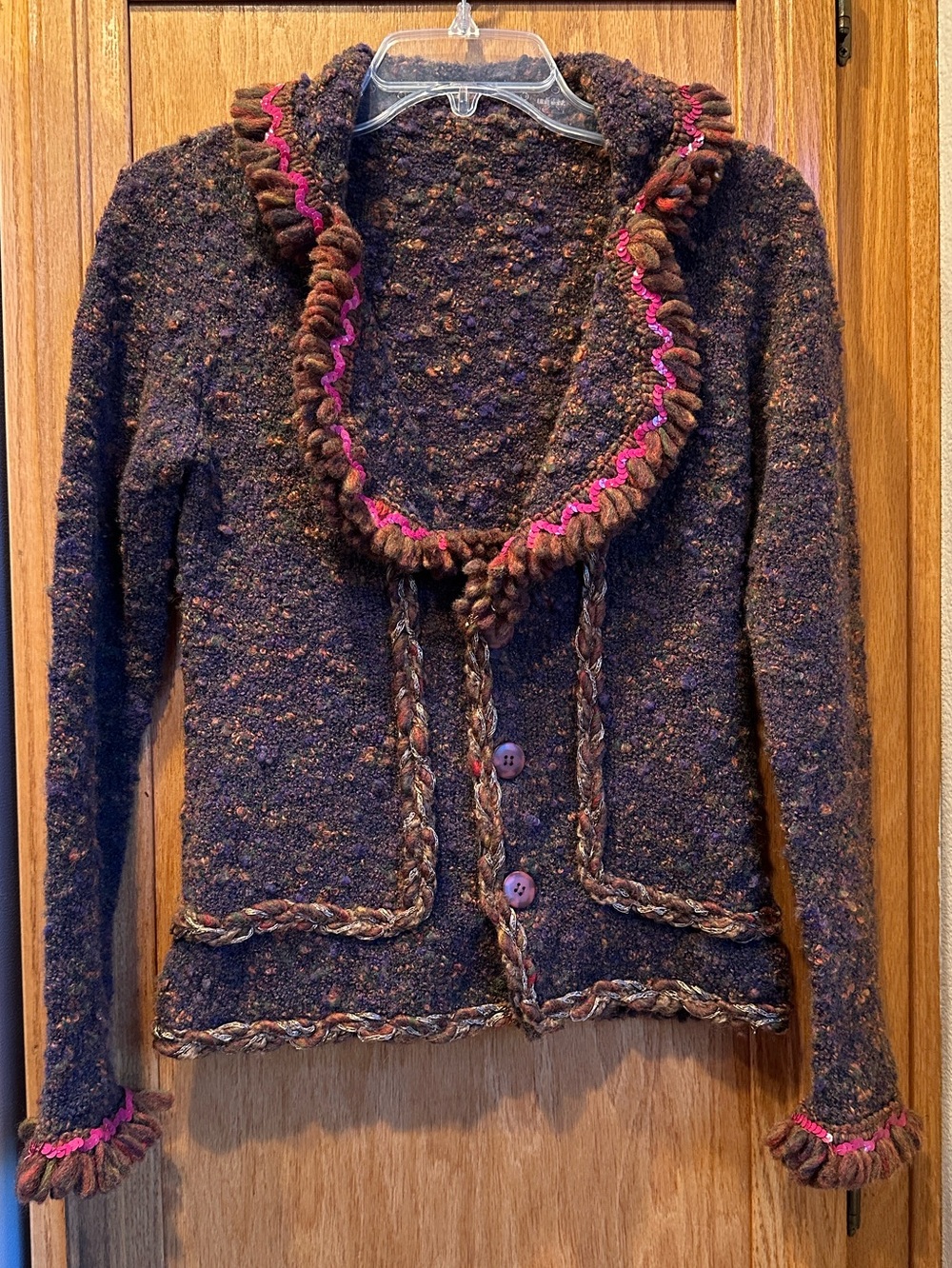 Soft and Fuzzy Textured Brown Button-Front Cardigan with Pink Sequin Trim Size S